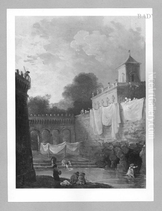 woman washing + drying laundry Oil Painting by Hubert Robert
