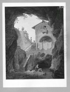 Wascherinnen in einer Grotte mit Ausblick auf ein Haus