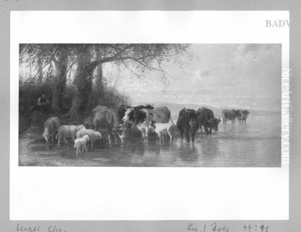 cows + sheep at a lake Oil Painting by Christian Mali