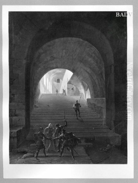 Staircase with 3 Knights swearing Oil Painting by Franz Ludwig Catel