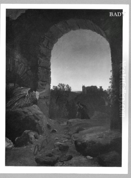 Blick durch einen Rundbogen auf eine Ruine in Abendbeleuchtung (Morgendammerung-Ruine) (Romantische Landschaft mit Opernmotiven) Oil Painting by Carl Blechen