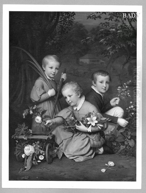 Portr. of three brothers playing with flowers Oil Painting by August von der Embde