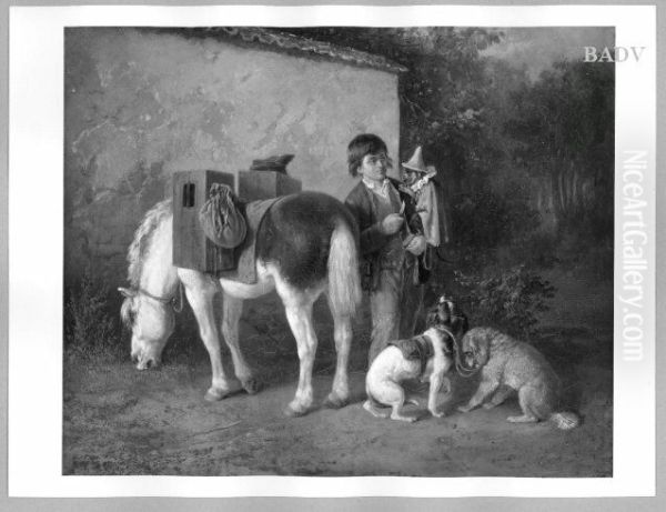 a comedian-boy with horse and monkey Oil Painting by Theodor Hosemann