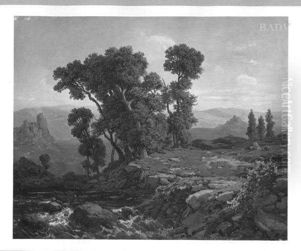 Italienische Berglandschaft mit Wildbach und Eichengruppe Oil Painting by Johann Wilhelm Schirmer