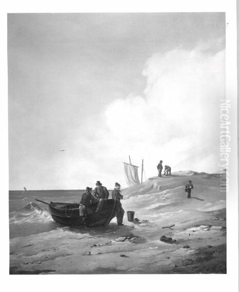 Beach with fisherboat + men Oil Painting by Eduard Magnus