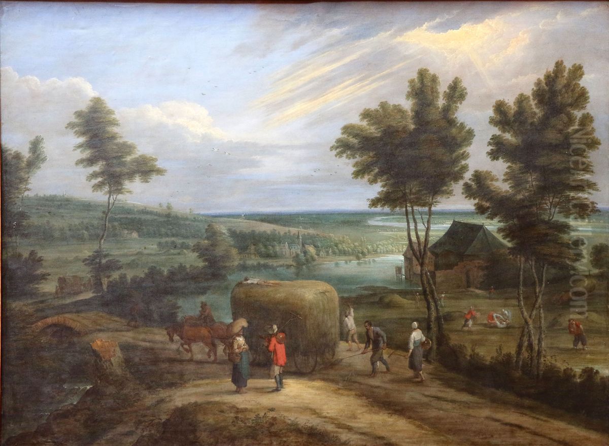 Paysage d'ete, la fenaison. Oil Painting by Lucas Van Uden
