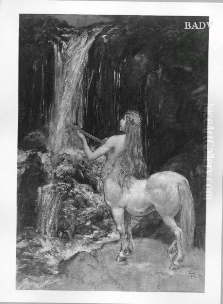 Kentaurin mit Laute am Wasserfall Oil Painting by Hans Thoma