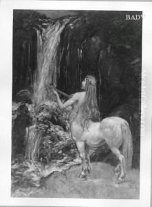 Kentaurin mit Laute am Wasserfall