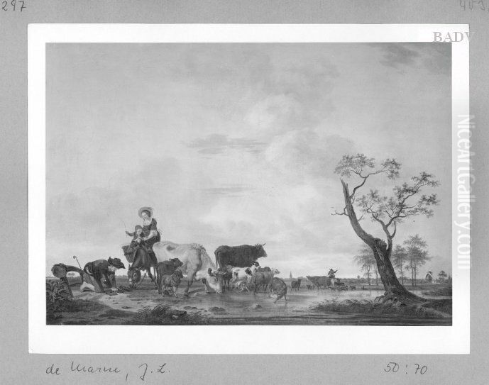 Landschaft mit Hirtenfamilie und Viehherde Oil Painting by Jean-Louis de Marne