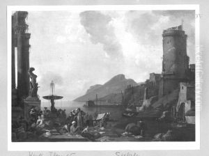 Southern Sea-Harbour with architecture; tradesmen Southern Sea-Harbour with architecture; tradesmen