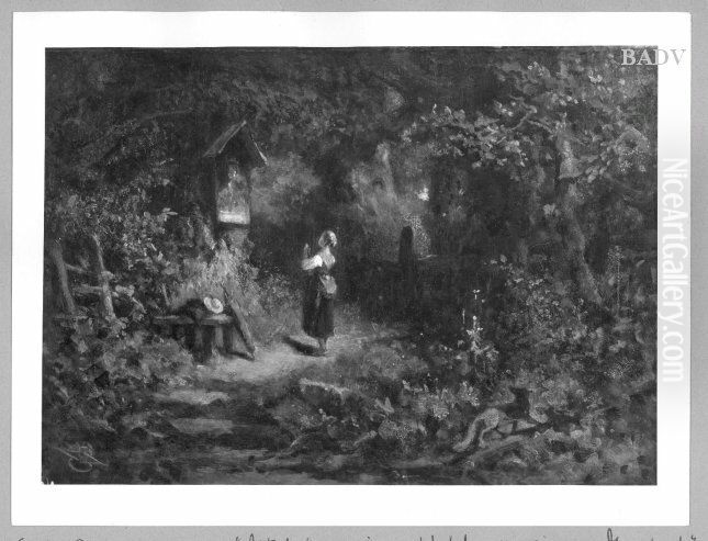 Madchen vor einem Marterl im Walde, rechts ein Fuchs Oil Painting by Carl Spitzweg