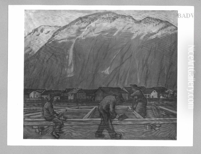 Bauplatz mit Zimmerleuten im Gebirge Oil Painting by Albin Egger-Lienz