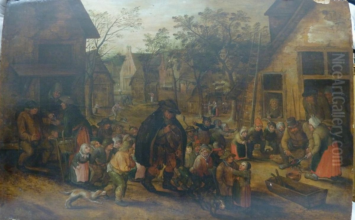 Village street with blind hurdy-gurdy player Oil Painting by David Vinckboons I