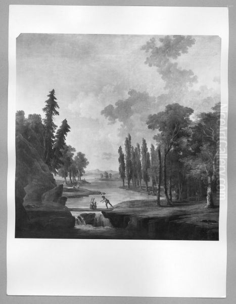Flusslandschaft mit Steg und hohen Baumen Oil Painting by Hubert Robert