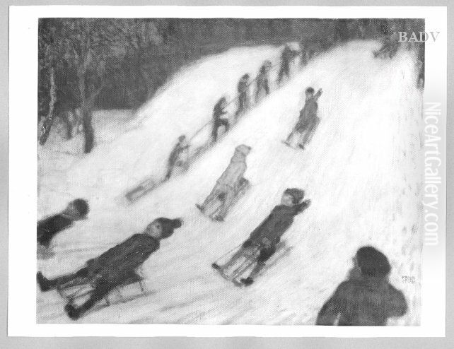 children on sledges Oil Painting by Franz Stuck