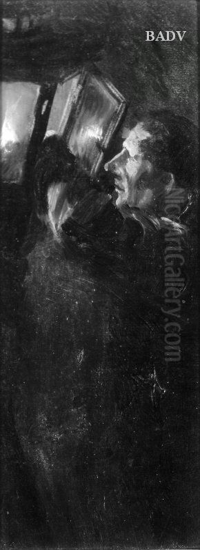 Man lighting a lantern Oil Painting by Adolph von Menzel