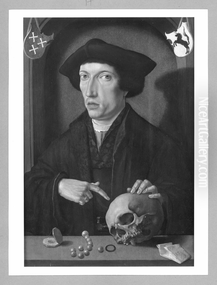 Portrat Damas van der Linds aus Dordrecht (Mann mit Totenschadel) Oil Painting by Jacob van Utrecht