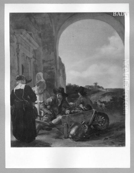 Gemusehandler und zwei Frauen unter einem Torbogen Oil Painting by Jan Baptist Weenix