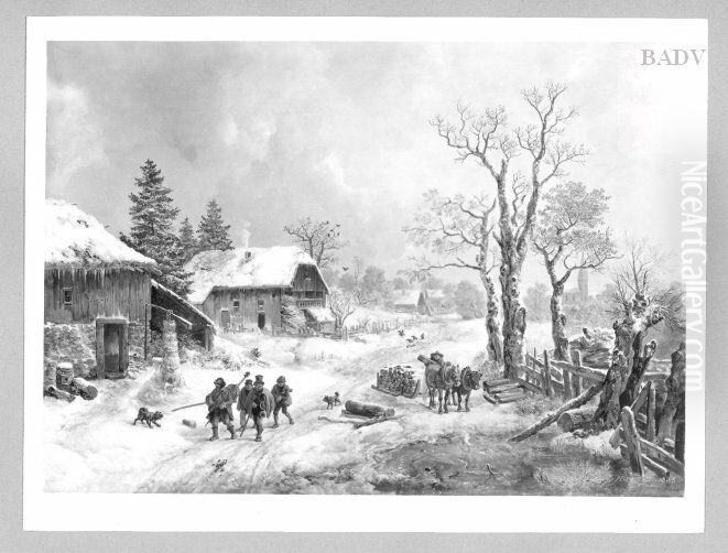 Winter - scenery with farm - houses and group musicians Oil Painting by Heinrich Burkel
