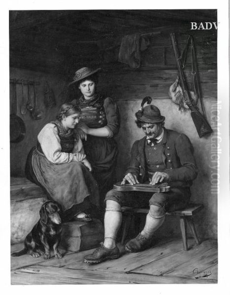 Zitherspieler und zwei Madchen Oil Painting by Franz Defregger