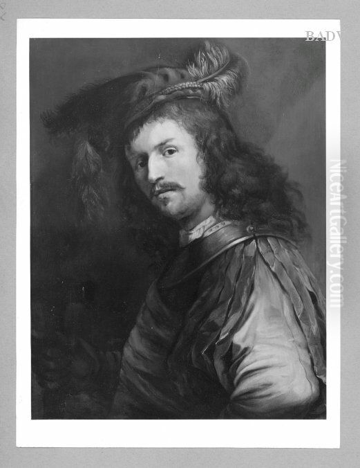 Mannliches Bildnis im rotem Federbarett Oil Painting by Govert Flinck