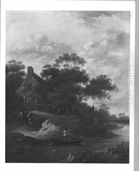 Shore of a river with houses and trees Oil Painting by Jan Wijnants