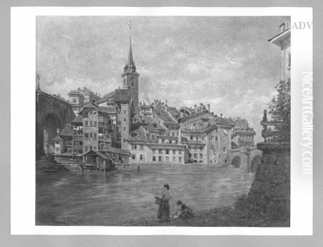 old town with churchspire ATA River Oil Painting by Franz Alt