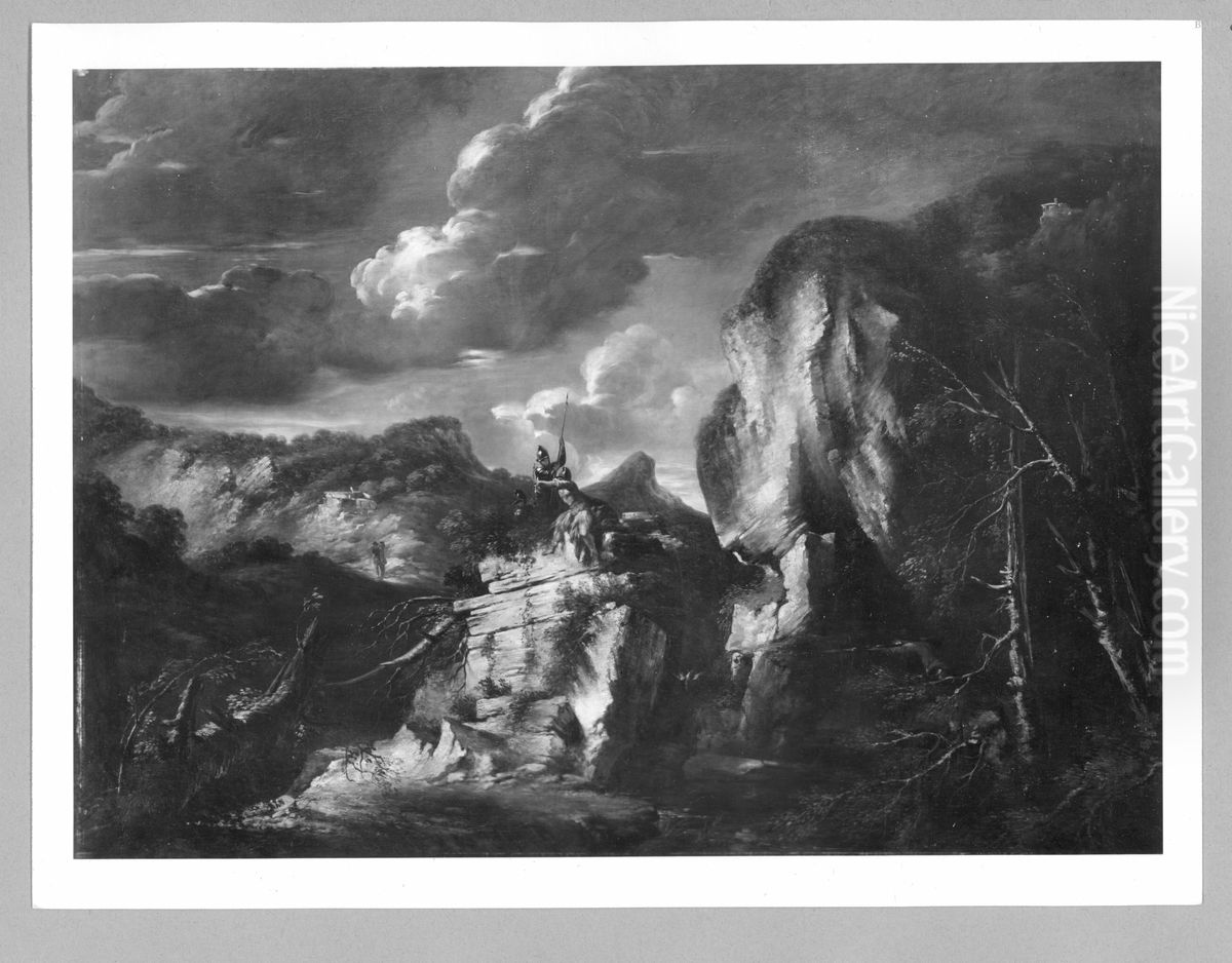 Gebirgslandschaft mit drei Kriegern auf einem Felsen im Vordergrund Oil Painting by Salvator Rosa Gebirgslandschaft mit drei Kriegern auf einem Felsen im Vordergrund Oil Painting by Salvator Rosa