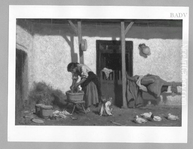 Wascherin mit Kind vor einem Stall (Wasche waschend) Oil Painting by August von Pettenkofen
