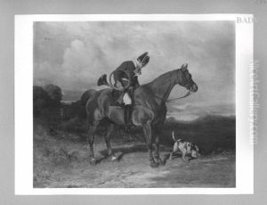 horsemann in a hunt with trompet and dog