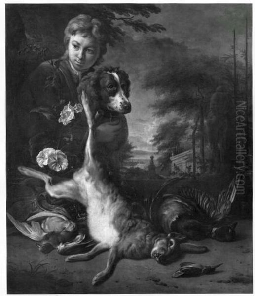 boy with dog, dead hare and birds in landscape Oil Painting by Jan Weenix