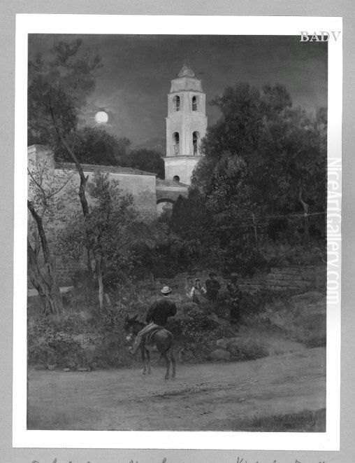 Italienische Landschaft bei Vollmond mit Staffage Oil Painting by Oswald Achenbach