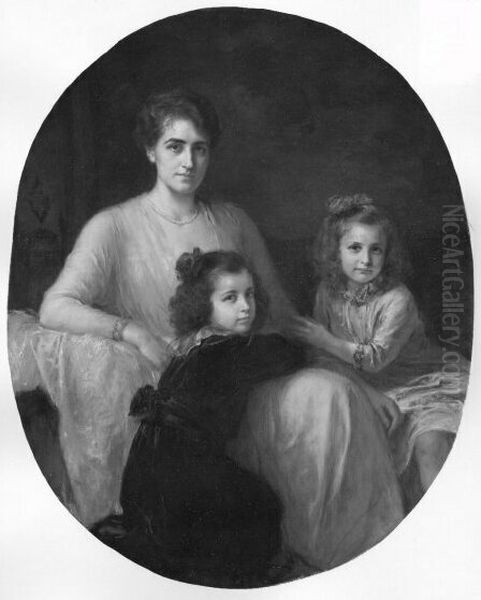 mother with 2 daughters Oil Painting by Friedrich August von Kaulbach