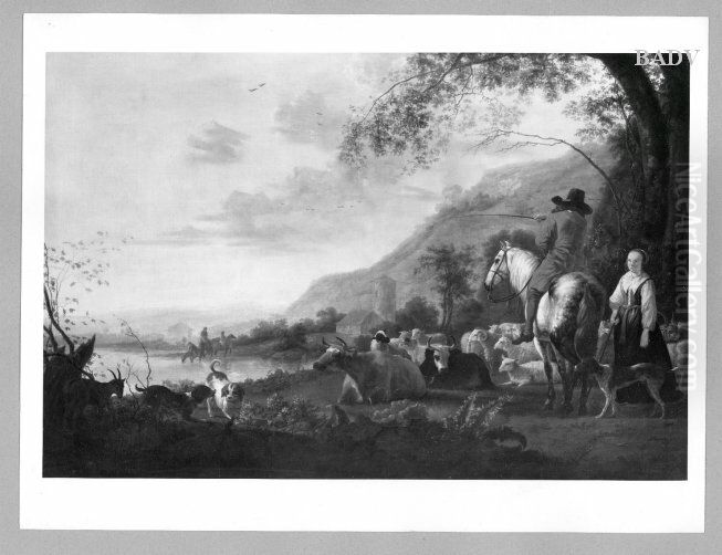 landscape with horse - man and cattle Oil Painting by Aelbert Cuyp