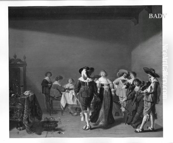 Festliche Tischgesellschaft mit Musikanten und tanzendem Paar Oil Painting by Palamedes Palamedesz.