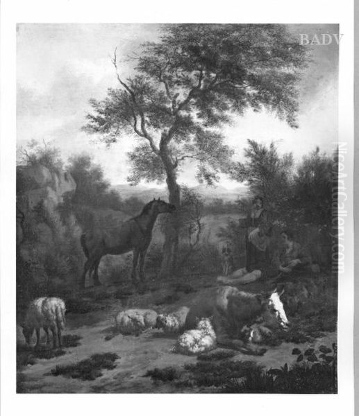 cattle, horse + sheperds Oil Painting by Adriaen Van De Velde
