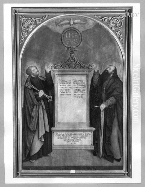 Tafelbild mit Darstellung der Apostel Petrus und Paulus mit Grabmahl des Stifters (Pfarrer Jakob Meusch) Oil Painting by Bernhard Strigel