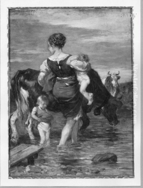 Frau mit zwei Kindern und Kuhen in der Schwemme Oil Painting by Wilhelm Von Diez