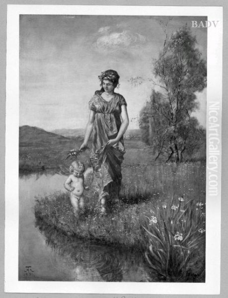 Flora mit Putte Oil Painting by Hans Thoma