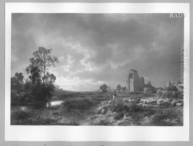 Shepherd with sheeps Oil Painting by Oswald Achenbach