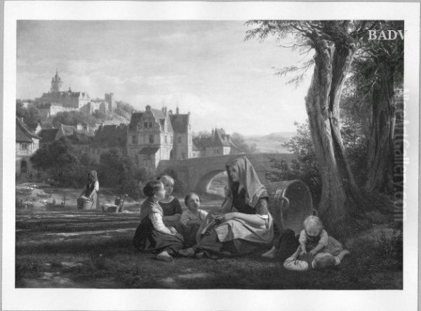 a talking woman with children near a town Oil Painting by Friedrich Eduard Meyerheim
