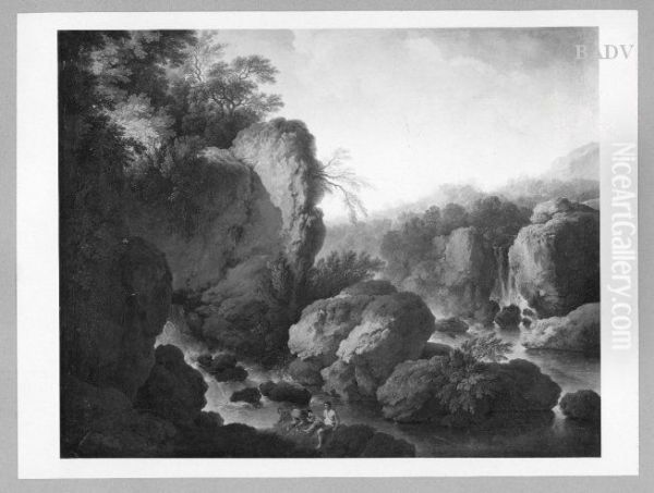 Felsenlandschaft mit Wasserfall und Staffage Oil Painting by Christian Wilhelm Ernst Dietrich