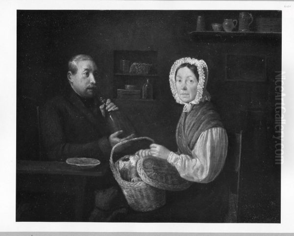 Paar mit Hund in einer Kuche am Tisch sitzend Oil Painting by Johann Michael Neder