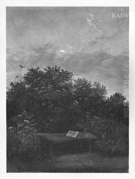 Gartenbank mit aufgeschlagenem Buch vor einer Holunderhecke Oil Painting by Carl Gustav Carus
