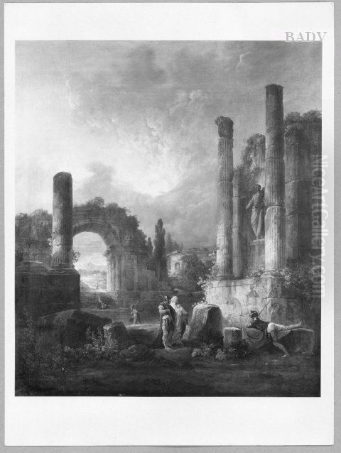 Klassische Landschaft mit Ruine eines Denkmals und Staffage Oil Painting by Hubert Robert