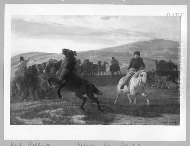 Einfangen wilder Pferde durch Lassowerfer Oil Painting by Carl Steffeck