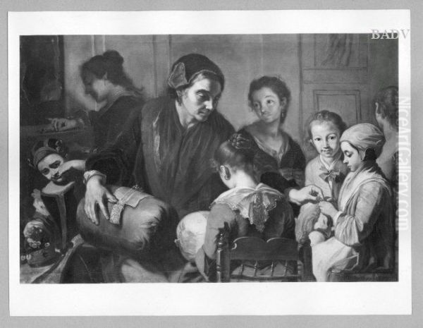 Frauen und Kinder beim Kloppeln (Kloppelschule) Oil Painting by Gaspare Traversi