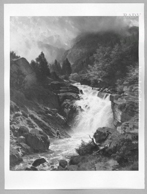 Waterfall in the Bavarian mountains Oil Painting by Johann Gottfried Steffan