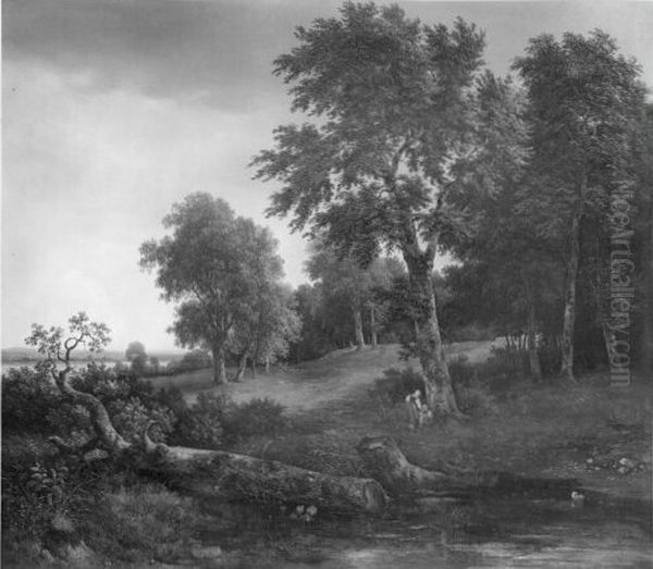 Baumlandschaft mit gefallter Eiche und Staffage, Blick auf einen See Oil Painting by Franz II Steinfeld