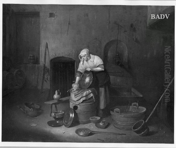Kitchen- girl cleaning a kettle Oil Painting by Balthasar Van Den Bossche